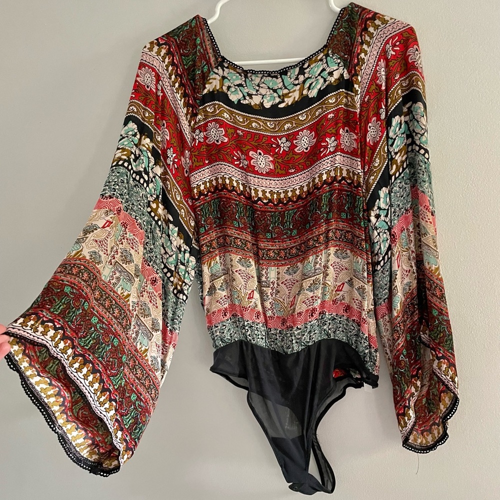 Free People Paisley Print Blouse, Bohemian Top Bodysuit